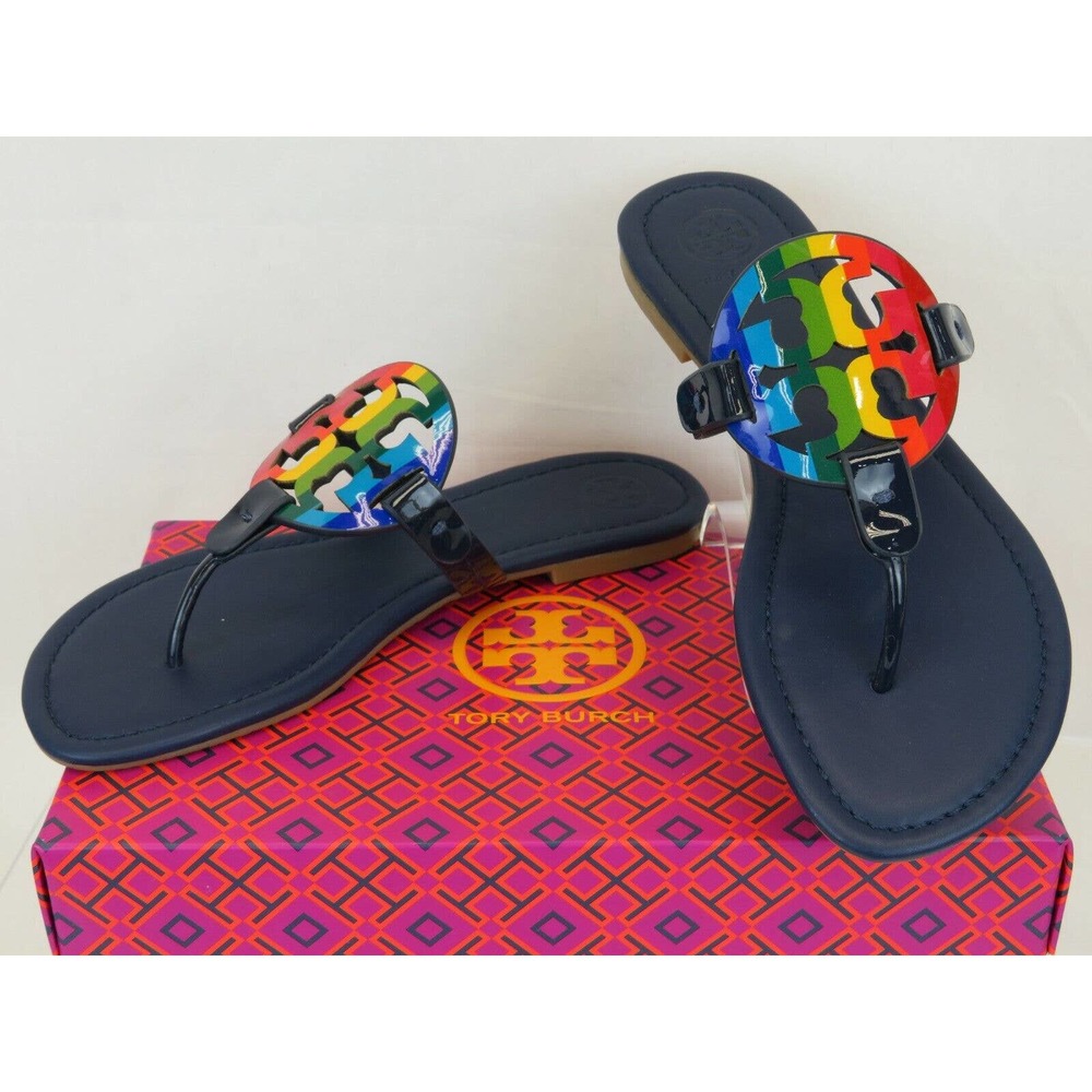 TORY BURCH MILLER ROYAL NAVY RAINBOW REVA LEATHER FLATS THONG SLIDES SANDALS 7 - Picture 10 of 12